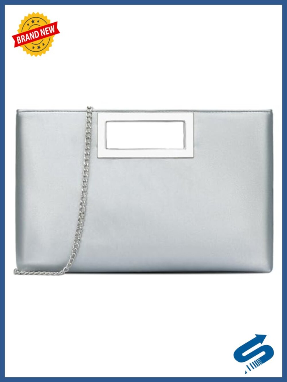 Vegan Leather Clutch Purse with Cut Out Metal Handle & Chain Strap